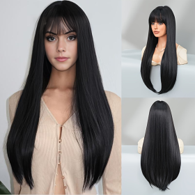 Stylish Synthetic Wig With Straight Hair, Non-toxic Wig, 26-inch Heat-resistant Long Black Hair, Bangs And Rose Net Hat, Suitable For The Whole Scene.