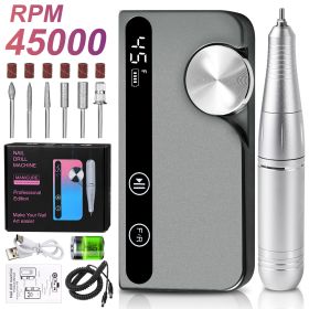 Professional Electric Nail Drill, 45000 RPM Cordless E-File Machine, With 12 Bits, Sanding Bands, LCD Display Electric Nail File For Acrylic Gel Nails (Option: Gray)