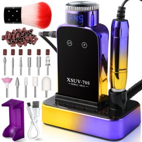 Professional Electric Nail Drill, 45000 RPM Cordless Rechargeable E-File Machine, With 12 Bits, Sanding Bands, LCD Display For Acrylic Gel Nails (Option: Purple)