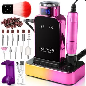 Professional Electric Nail Drill, 45000 RPM Cordless Rechargeable E-File Machine, With 12 Bits, Sanding Bands, LCD Display For Acrylic Gel Nails (Option: Pink)